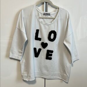 PISTACHE White Cotton Top with Black Faux Fur LOVE Design, Size S/M
